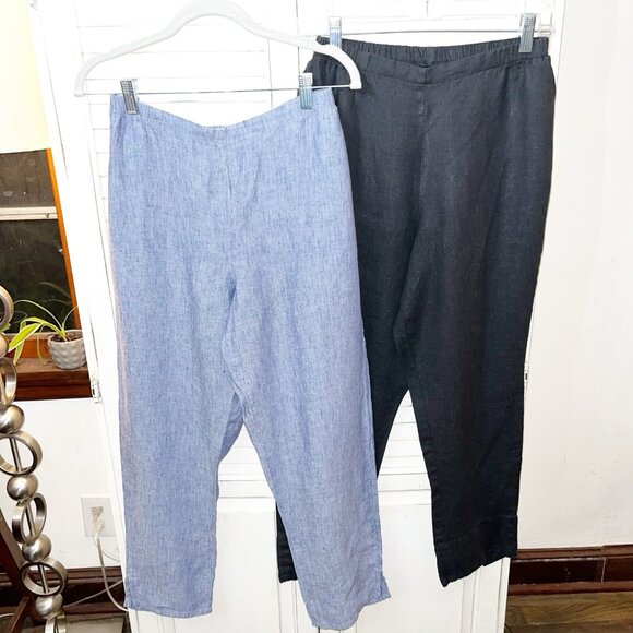 Set Of 2 FLAX brand 100% Linen Pants Size Petite 4/ 6 Pull On Black Blue